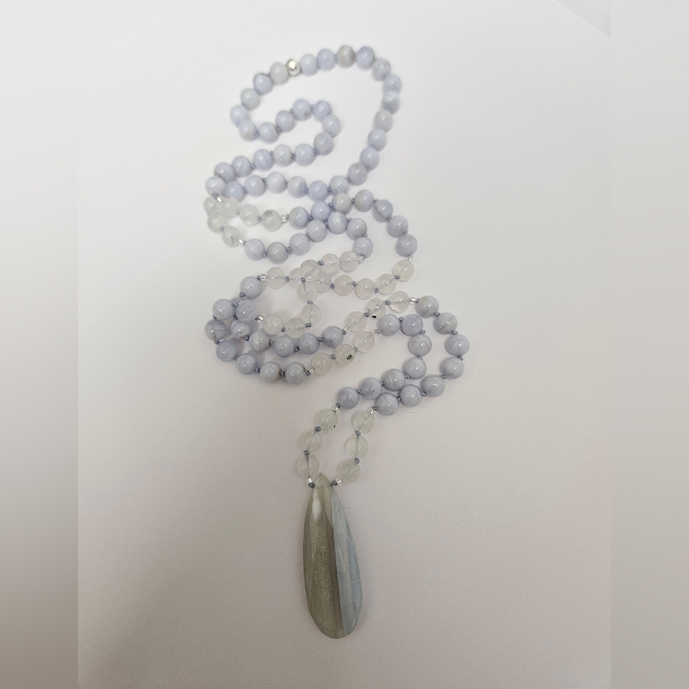 Handmade Blue Opal Blue Lace Agate & Moonstone Hand Knotted Mala